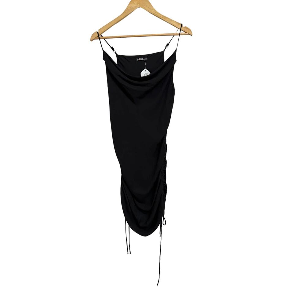 Krisa Women Black Cami Ruched Drawstring Mini Bodycon Dress Size Small NWT‎